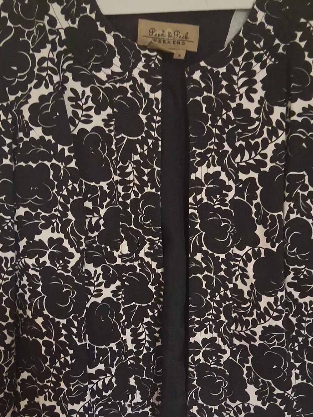 Peck & Peck Black and White Floral Open-Front Jacket